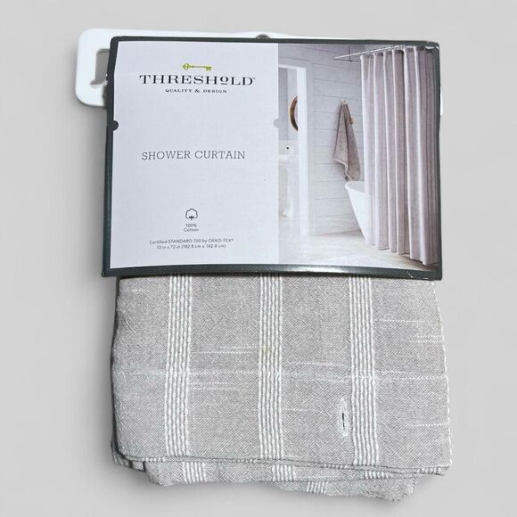 Threshold Tonal Striped Shower Curtain Gray 100% Cotton 72” x 72” Buttonhole NWT - Picture 6 of 9